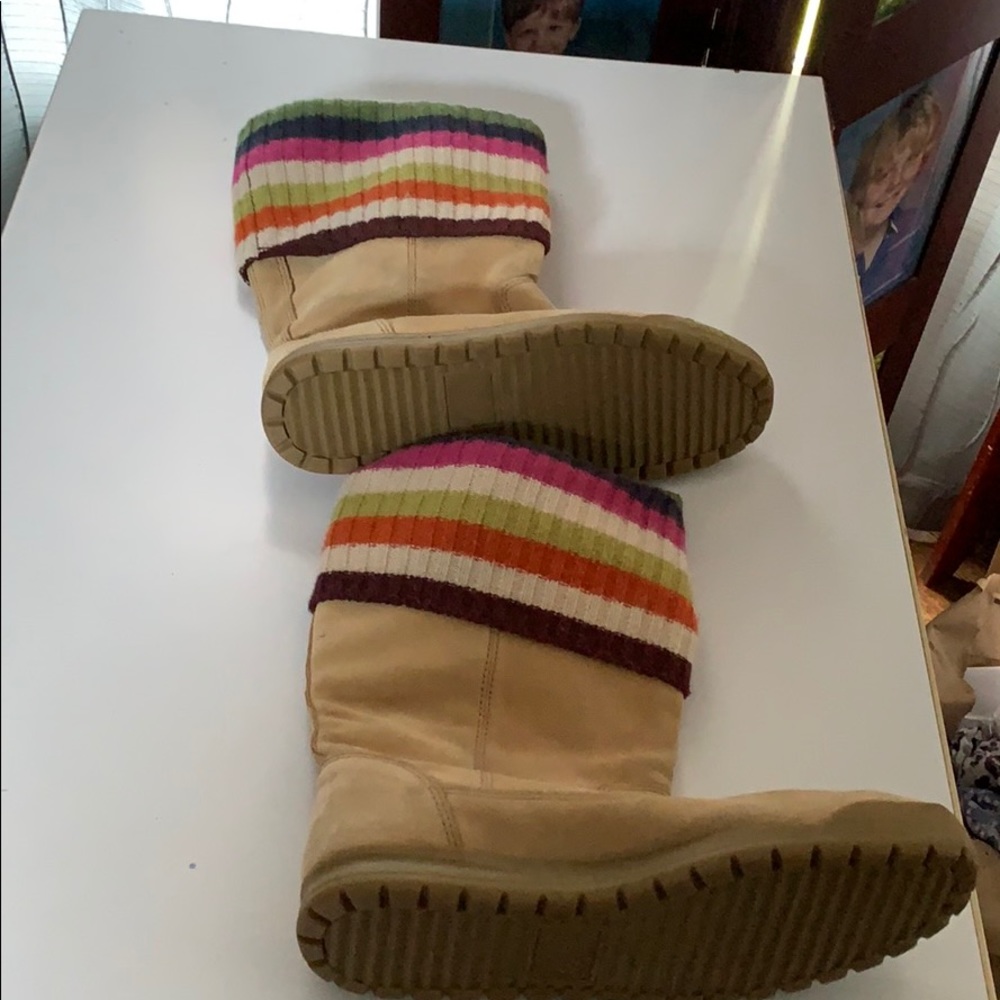 Coach tan suede boots with rainbow wool top